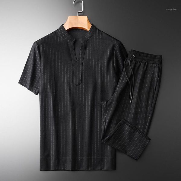 

new summer mens sets (t-shirt+pants) luxury stand collar short sleeve man sets plus size 4xl casual slim stripe male1, Gray
