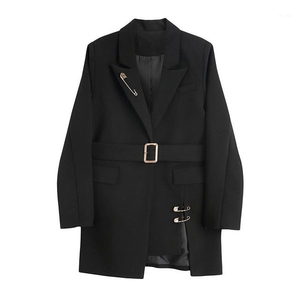 

fashion black blazers coat women single button long sleeve suit coat lady loose asymmetry blazer jacket outerwear with belt1, White;black