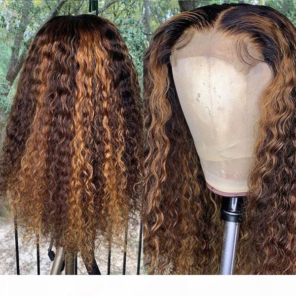 

ombre curly 13x6 lace frontal wigs with baby hair 180% density highlight mix color brazilian remy hair lace wigs for women, Black;brown