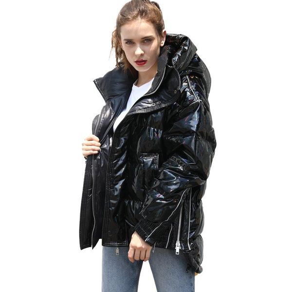 

glossy women down parkas thick warm waterproof women winter coat zipper loose large size outdoor hooded jacket for lovers, Black