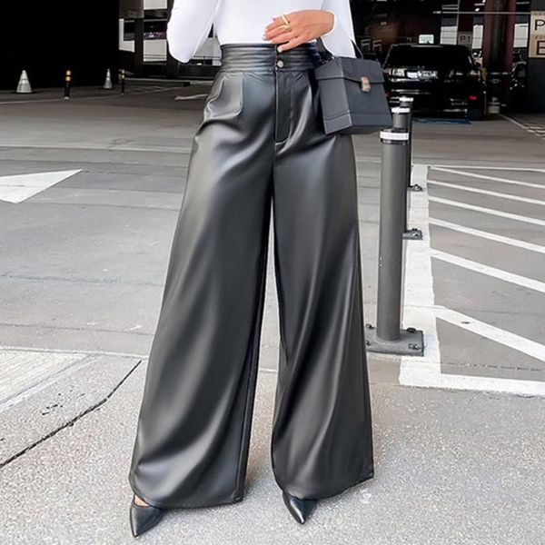 

women's pants & capris women casual pu leather high waist loose long black trouser woman office lady vintage female gothic harajuku hig, Black;white