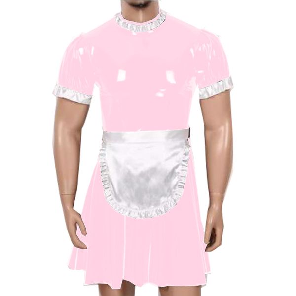16 Farben Neuheit Maid Cosplay Kleid Männer Kurze Puffärmel Wetlook PVC Diener Uniform A-Linie Zurück Reißverschluss Kleid mit Schürze