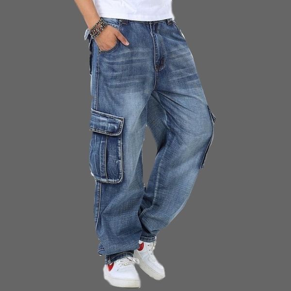 

men's baggy plus size 30-46 multi pockets skateboard cargo for men tactical denim joggers jeans t200614, Blue