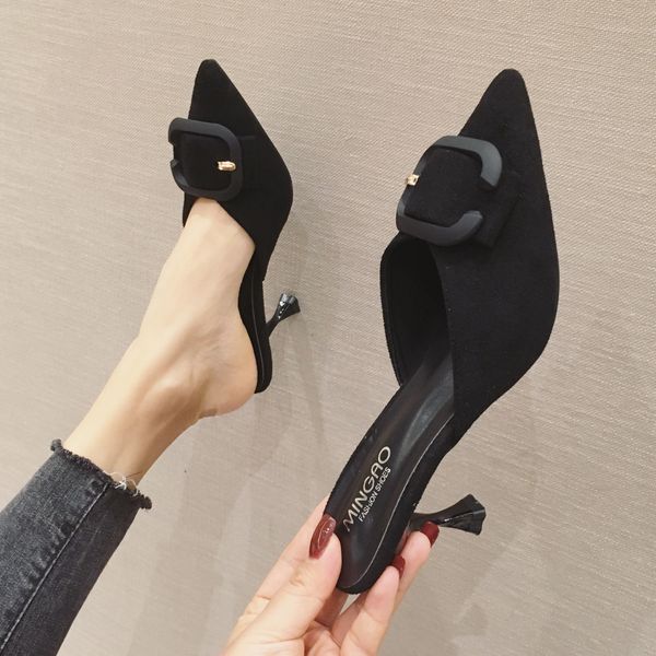 

brand women high heel slippers 2020 fashion ladies closed toe slippers flock mules shoes women outside stiletto slides x1020, Black