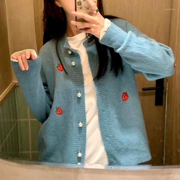 

institute wind cute strawberry embroidery cardigan coat japan style kawaii women's long sleeve knitted sweater1, White