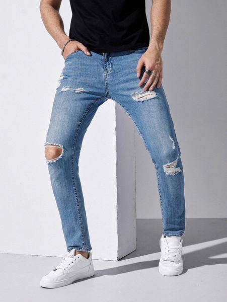 

men zipper fly ripped jeans c5dn#, Blue