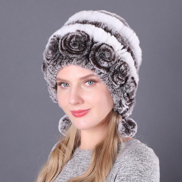 

beanie/skull caps winter women flowers striped natural real rex fur hats lady warm knit genuine russian outdoor, Blue;gray