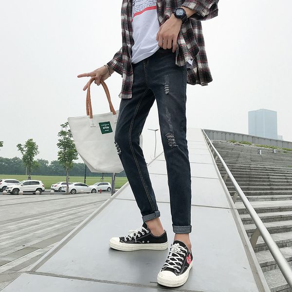 

korean perforated jeans men's 2020 summer fashion brand casual pants youth versatile loose pants, Blue