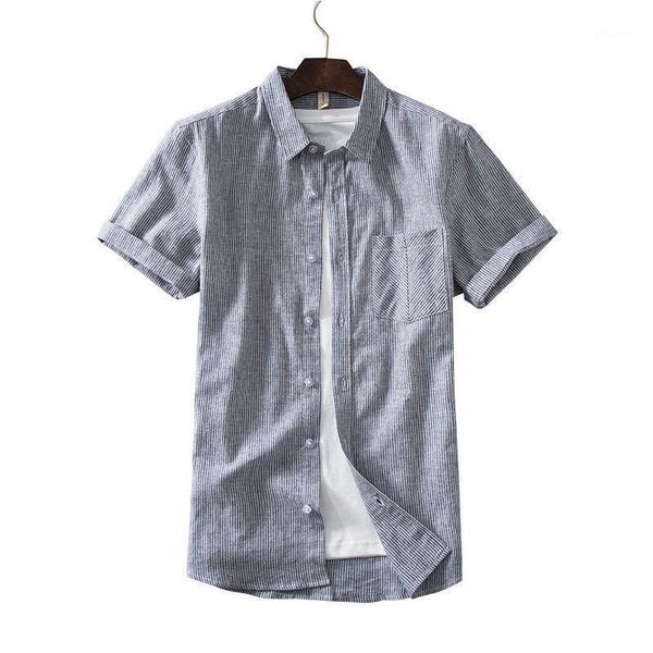 

4 colors brand clothes summer men's striped linen shirt 2020 new fashion casual flax short sleeve shirt male beige navy1, White;black
