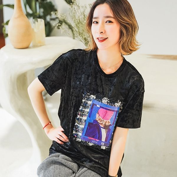 

h7dph lady's velvet tassel and t-shirt printing velvet t-shirt stitching with round neck 3utpg loose fit for thin women and, White