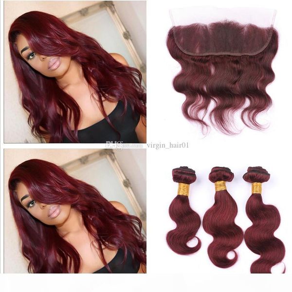

wine red 13*4 lace frontal with bundles #99j burgundy brazilian virgin human hair body wave with 13*4 lace band frontal closure 9a grade, Black;brown