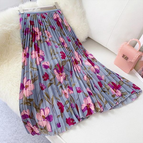 

summer women long pleated skirts vintage floral printted skirt high waist flower midi skirt korean elegant faldas mujer, Black