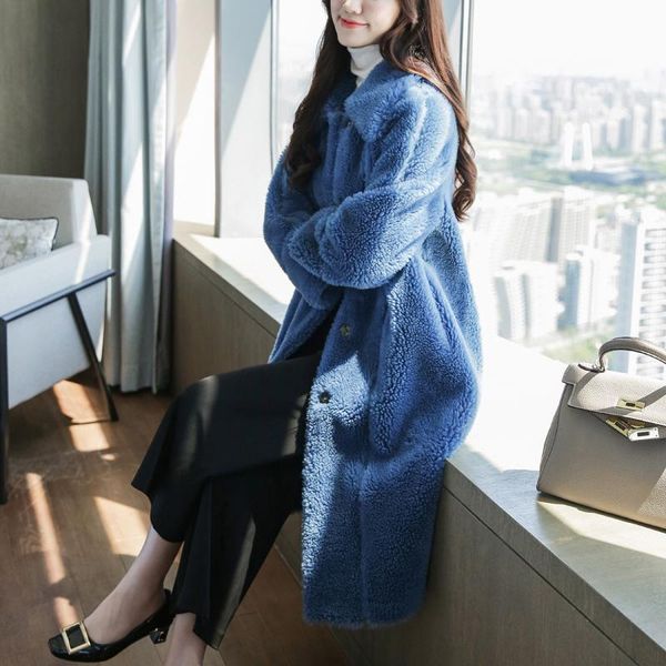 

women 2021 winter new genuine sheep shearing coats female real wool mid-long outwears ladies loose solid color overcoats m145, Black