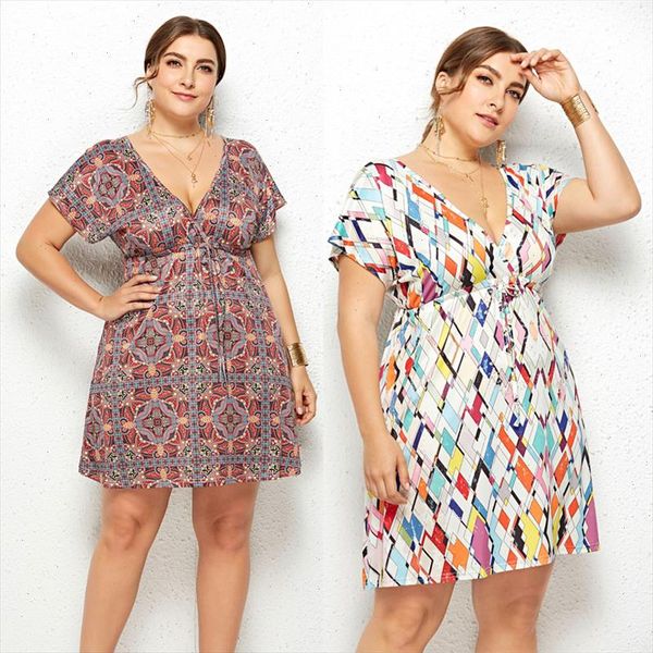 

2021plus size summer women mini dress boho high weist beach dresses backless deep v neck short sleeve floral plaid sundress, Black;gray
