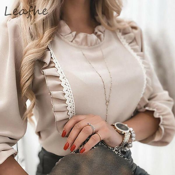 

spring autumn ruffles petal sleeve blouse elegant office lady o neck lace patchwork shirts women casual solid slim pullover 1, White