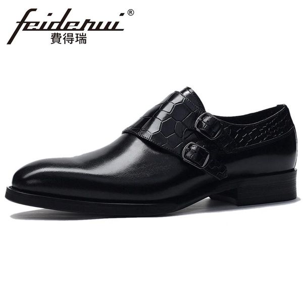 

new fashion genuine leather men's monk straps pointed toe handmade man flats formal dress wedding shoes for gentleman bql231, Black