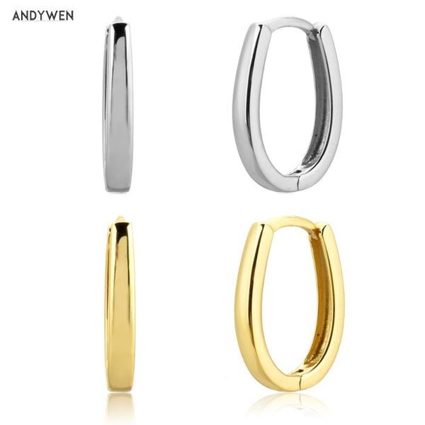 

hoop & huggie andywen 925 sterling silver plain ovals hoops piercing 2021 circle european female luxury fashion party jewelry in, Golden;silver
