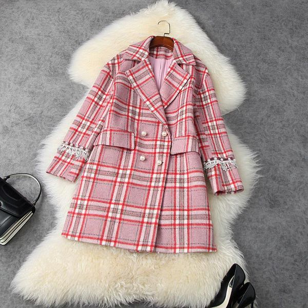 

women's wool & blends 2021 winter women girls cute pink plaid coat notched collar fringe beading long sleeve double breasted loose oute, Black