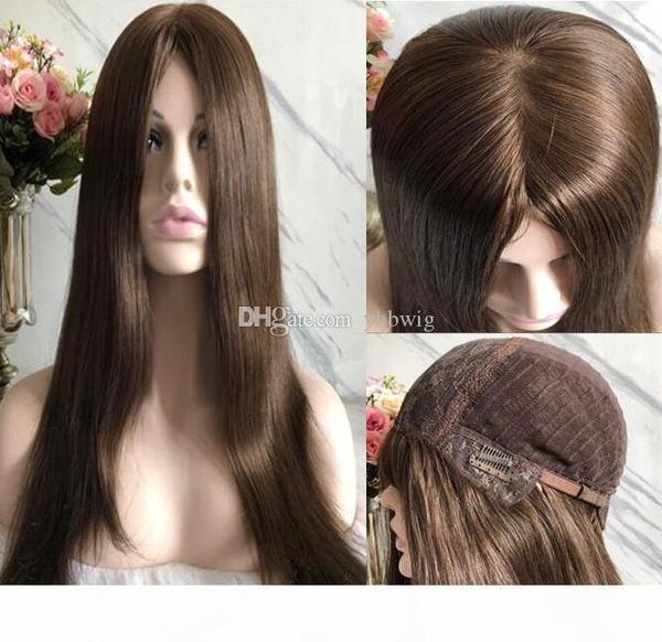 

kosher wigs 10a grade light brown color #6 finest european virgin human hair silky straight 4x4 silk base jewish wig fast ing, Black;brown