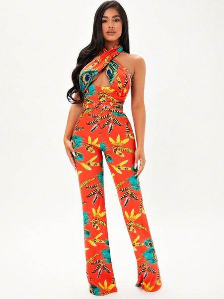 

sxy tropical print cross wrap tie backless halter jumpsuit m5r3#, White