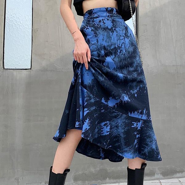 

new gothic blue tie dye skirt women ruffles design cool streetwear a line high waist skirts autumn 2020 goth halloween, Black
