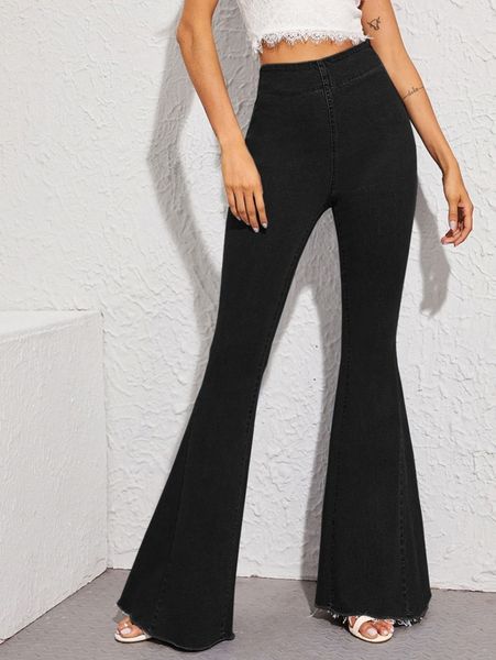 

high waist raw hem flare leg jeans 878n#, Blue