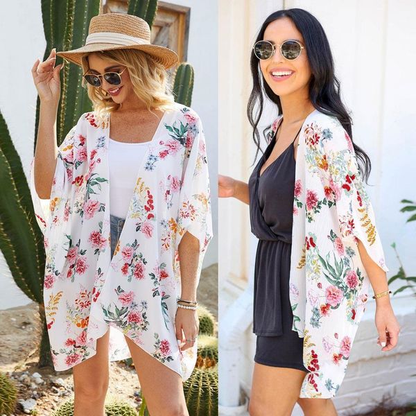 

colorful floral kimono mujer 2020 bluse feminino summer beach long cardigan women vintage boho blouse kimono femme shirt g3, White