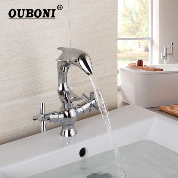 

bathroom sink faucets ouboni polished chrome basin faucet dolphin shape spray 2 handles deck mounted brass wash mixer tap