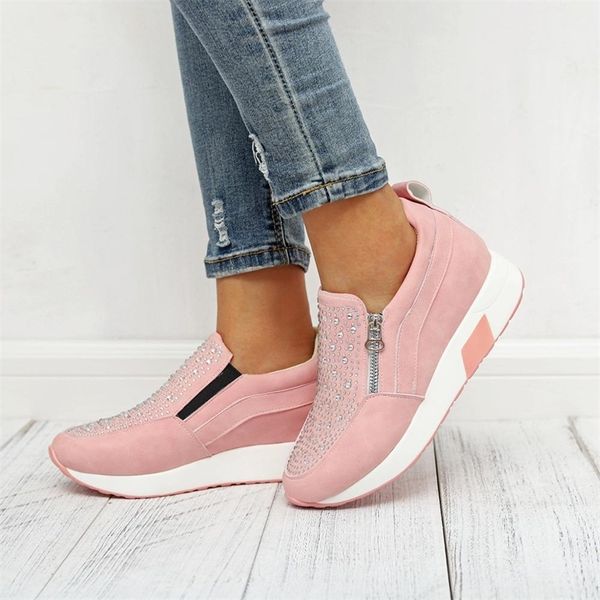 

women sneakers spring autumn casual flat ladies shoes zipper style crystal non-slip breathable outdoor vulcanized shoes y200801, Black