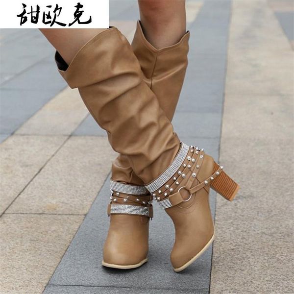 

boots 2021 fashion women winter women's buckle strap knee -high long rivet botas de mujer, Black