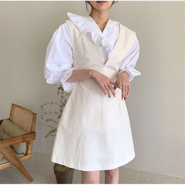 

autumn 2020 new korea ins lace lace dress collar shirt + vest dress set 6ib6d, Gray