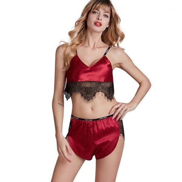 

women erotic lingerie set v-neck crop cutout shorts eyelash lace nightwear1, Red;black