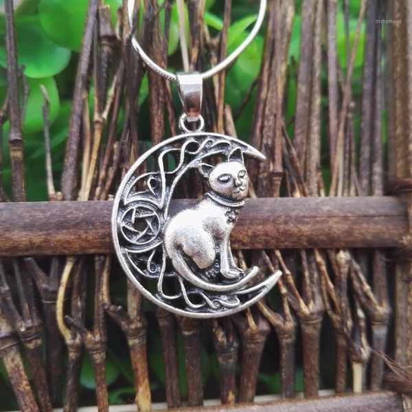 

chains sanlan cat moon pendant handmade necklace pentagram witch halloween celtico jewelry pagan protection1, Silver
