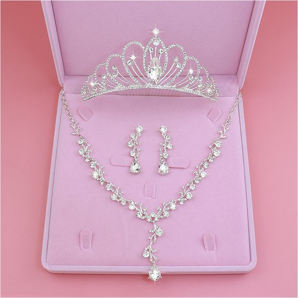 

korean jewelry bridal headdress three piece crown necklace earring set wedding dress accessories new style, Silver