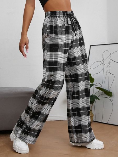 

plaid print drawstring waist pants 95co#, Black;white