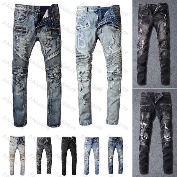 

designer jeans mens distressed ripped biker slim fit motorcycle bikers denim for men s fashion mans black pants pour hommes, Blue