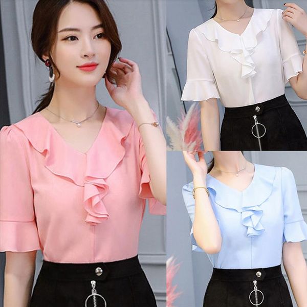 

half sleeve formal blouses women office shirts women work office half sleeve solid color casual chiffon plus shirt top, White