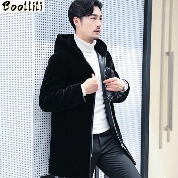 

boollili natural sheep shearling fur coat winter jacket men real wool fur coat hooded warm coats and jackets1, Black