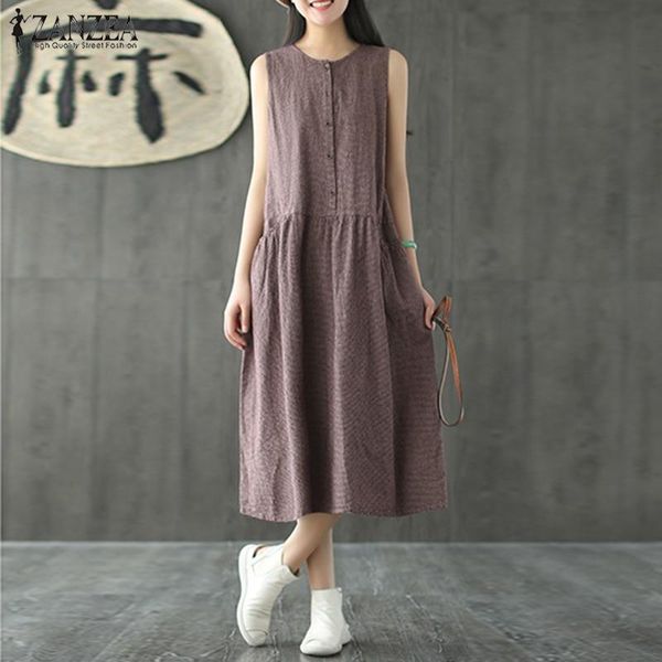 

2020 oversized zanzea women sleeveless summer party long vest tank vestido casual o neck check plaid cotton linen pleated dress, Black;gray