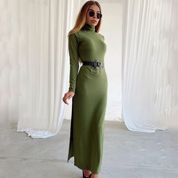 

women casual turtlenteck dress solid long sleeve side split slim party derss 2020 autumn new fashion women elegant dress, Black;gray