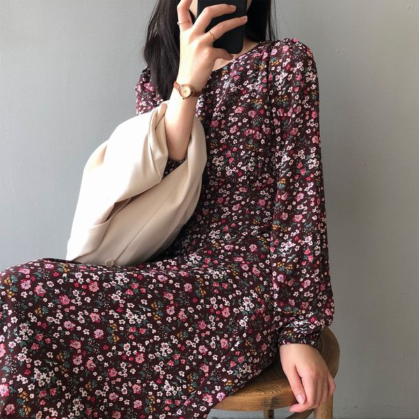 

new 2021 fashion spring flower print maxi slim waist sleeve women elegant floral long vestidos s464, Black;gray