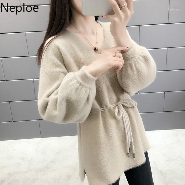 

neploe autumn winter v neck lantern long sleeve pullover sweater women slim waist knit solid elegant pull femme loose wild 466521, White;black