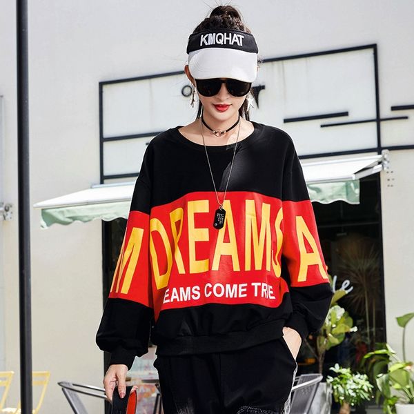 

women 2020 spring and autumn sweater t-shirt sweater new korean version loose ins fashion thin long sleeve t-shirt lazy style fashion t, Black