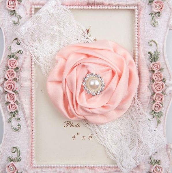 

fashion rose flower with pearl rhinestone center baby girls elastic lace headband newborn toddler infant headwear cute gifts bbyxkw, Slivery;white