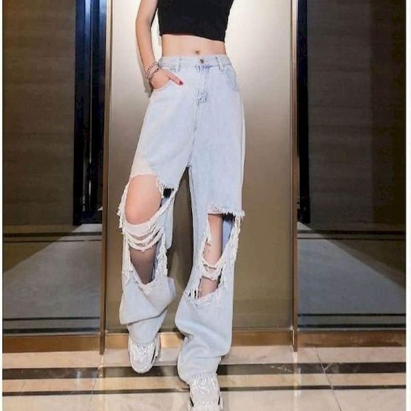 

women's jeans large size oversized ripped women pants female beggar style denim wide-leg korean loose thin trousers punk, Blue