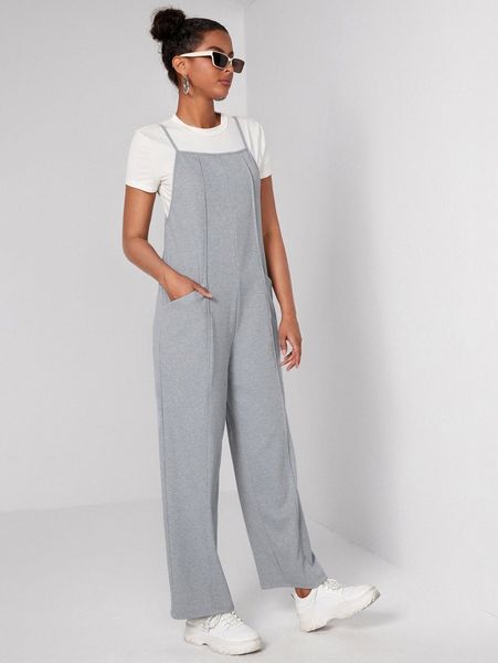 

solid slant pocket cami jumpsuit without u0y2#, White