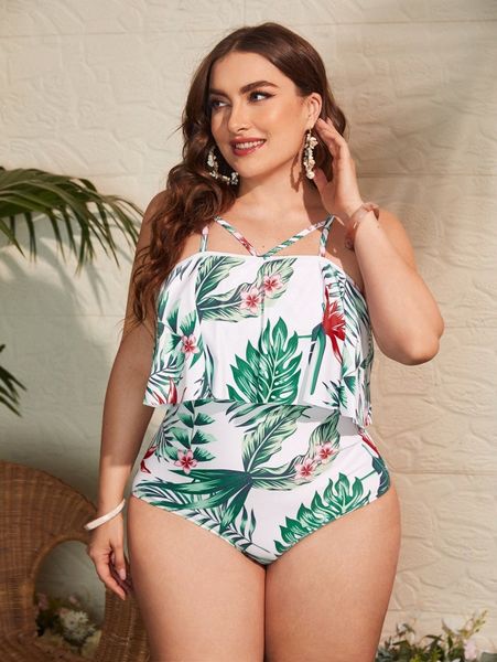 

plus tropical print ruffle one piece swimsuit m9ph#, Black