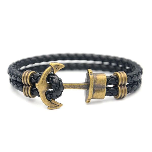 

junwei men double-deck boat anchor weave chain leather bracelets black rope gold anchor ju qylndg