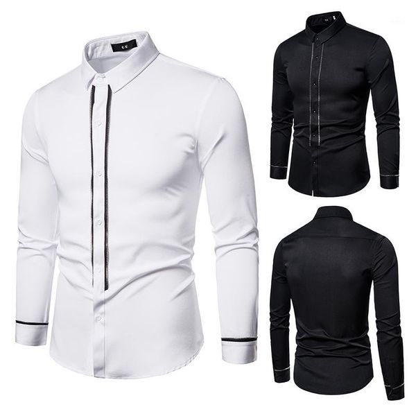 

trendy men's spring and autumn men's new casual solid color long sleeve shirt slim stand collar fashion d4411, White;black