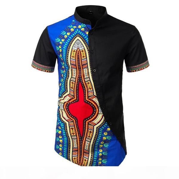 

african dashiki patchwork shirt men 2019 summer stand collar obique button irregular hem african clothing camisa masculina xxl, White;black